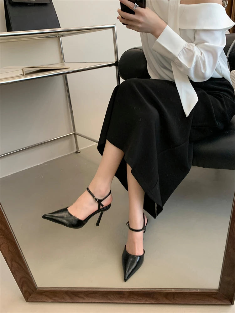 Patent Leather Pointed-Toe Slingback Pumps | Buckle Ankle Strap Stiletto Heels