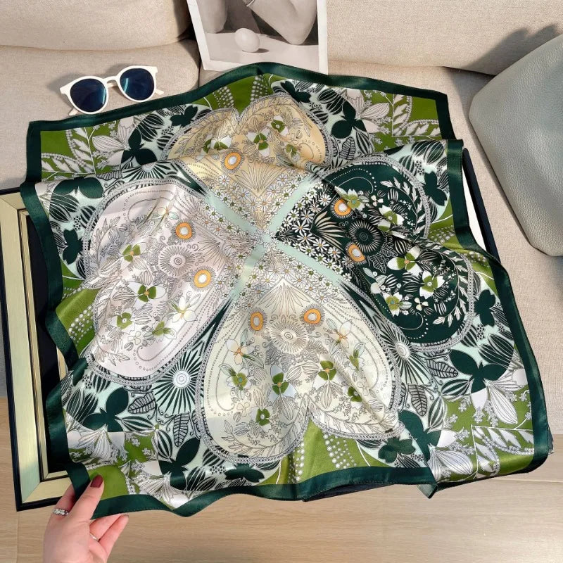 Green Botanical Print Silk Square Scarf | 68x68cm