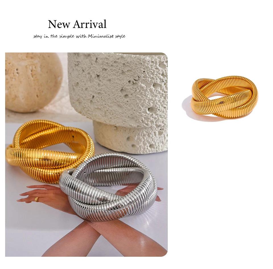 Chunky Ribbed Omega Tube Bangle Bracelet | 18K PVD Gold & Silver Stainless Steel Jewelry