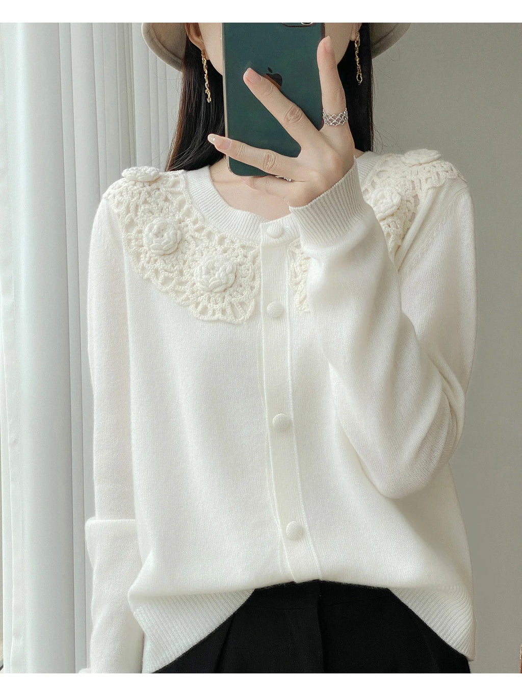 Crochet Floral Collar Cardigan | Button-Down Knit | 6 Colors, Sizes S–XXL