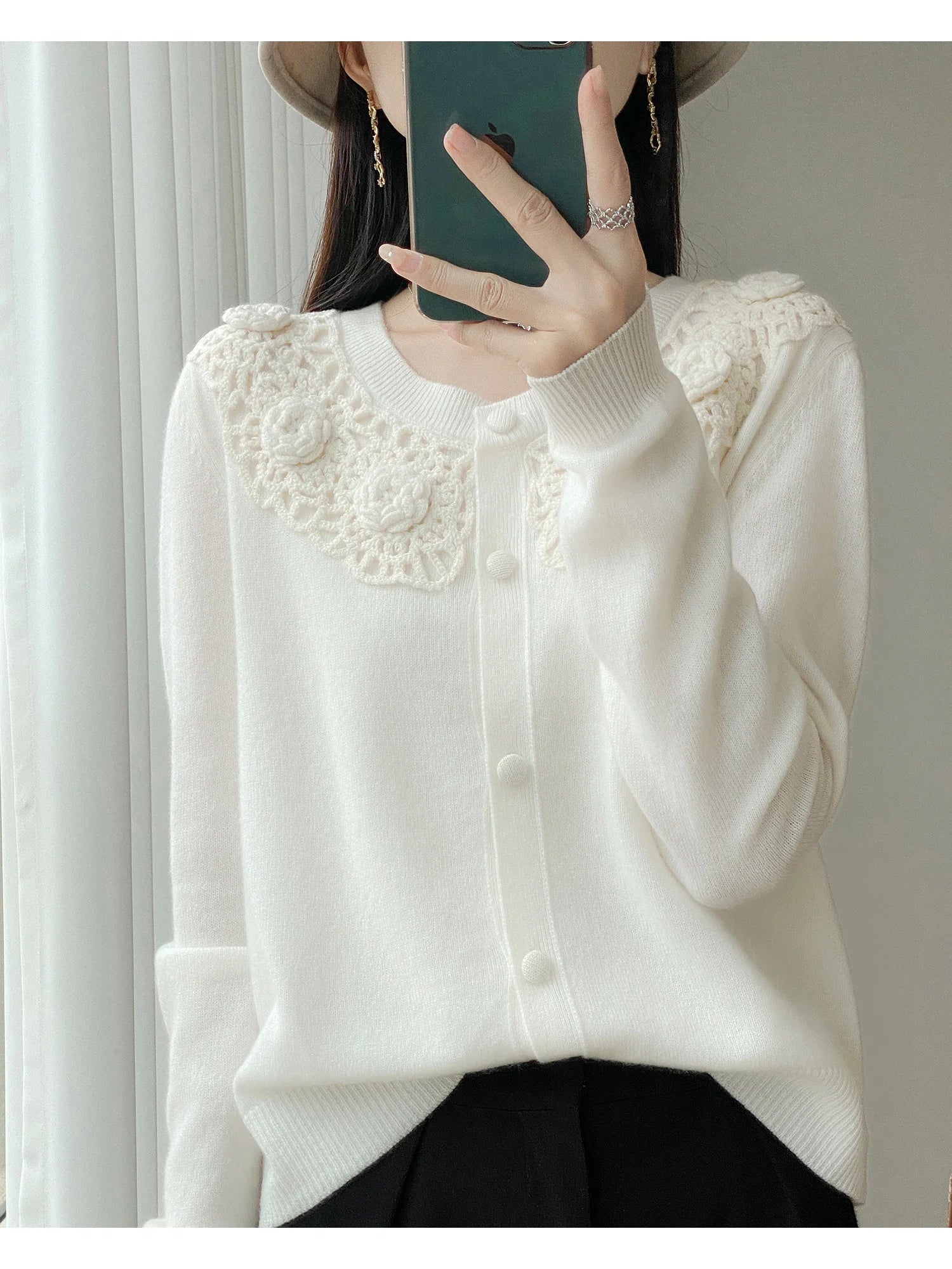 Crochet Floral Collar Cardigan | Button-Down Knit | 6 Colors, Sizes S–XXL