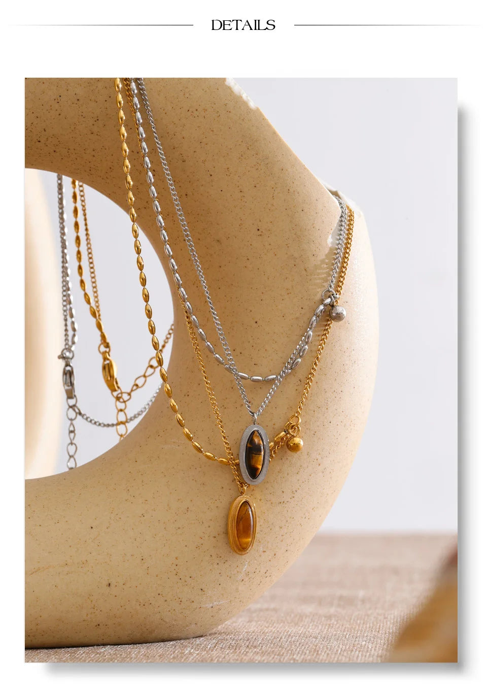 Layered Double Chain Necklace with Tiger's Eye Pendant | Gold & Silver