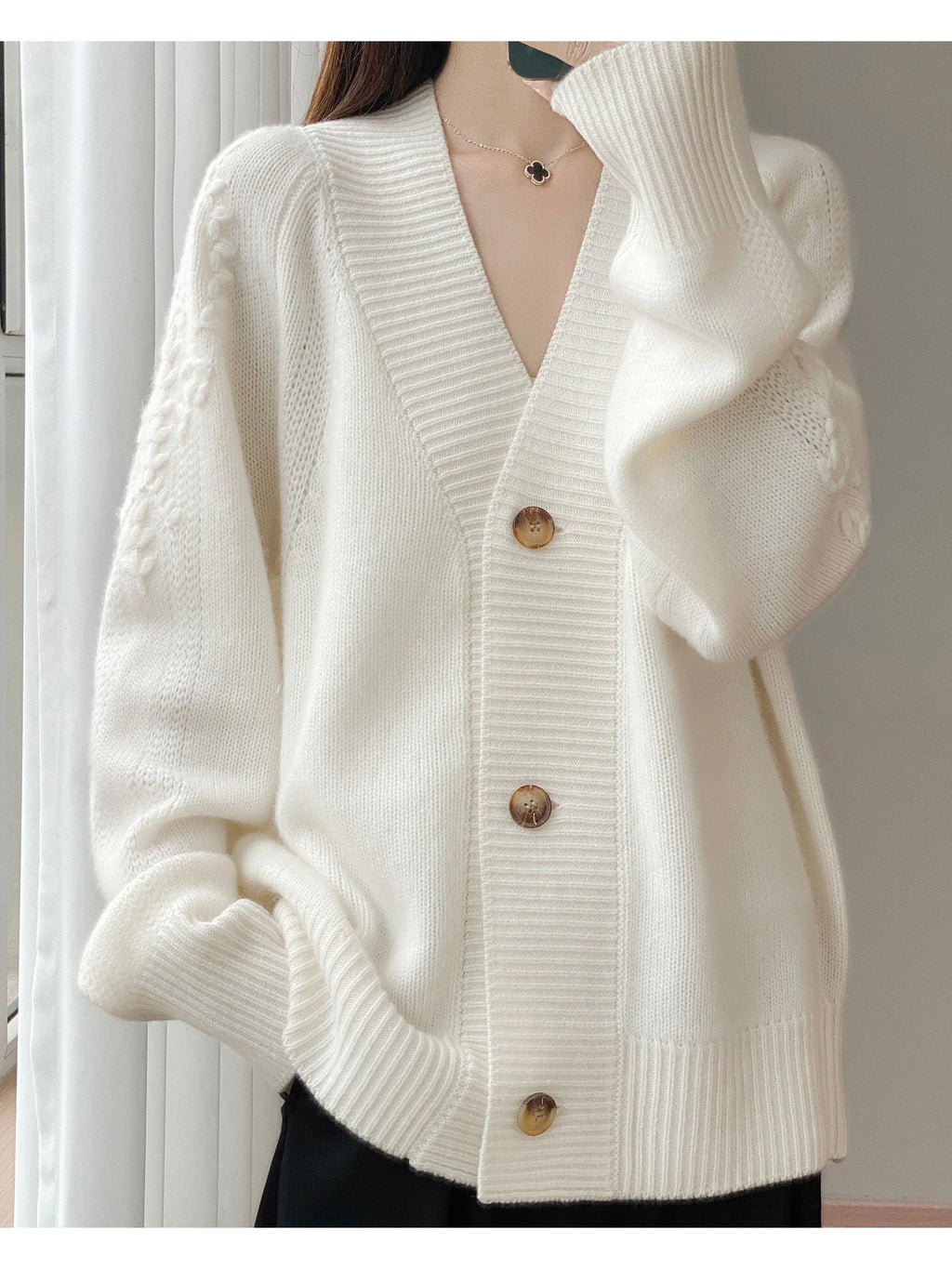 Wool V-Neck Cardigan | Cable Sleeve Detail, Oversized Fit | Women's