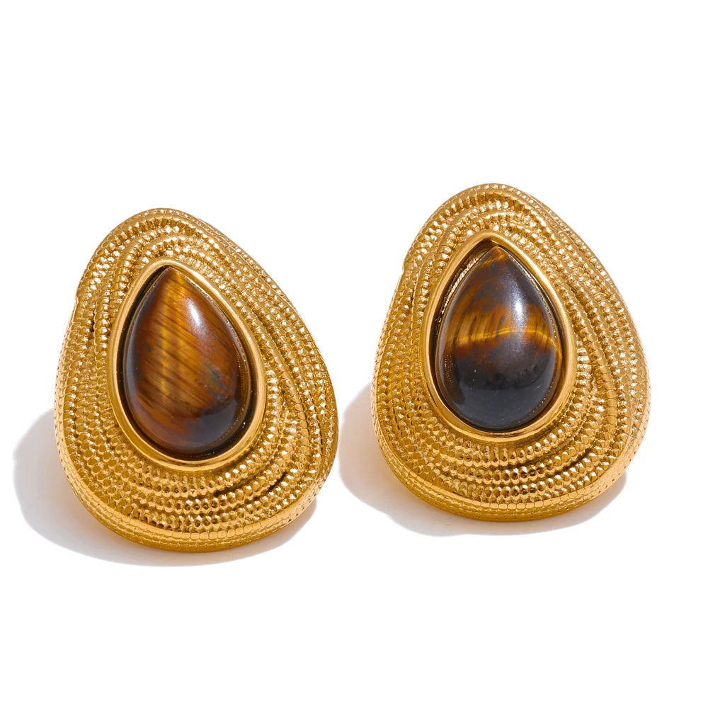 PVD Gold-Plated Stainless Steel Teardrop Stone Stud Earrings