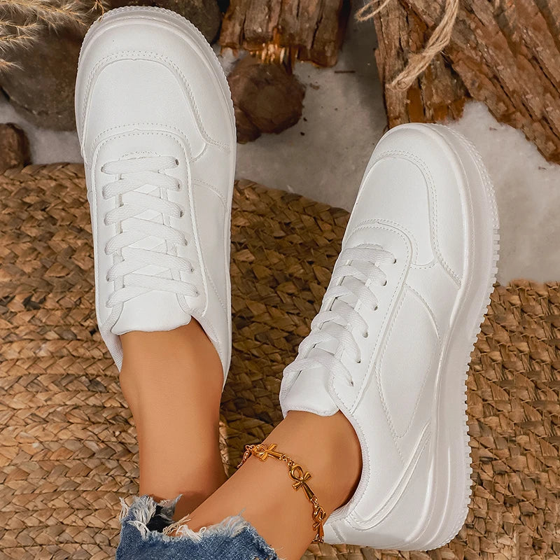 White Platform Sneakers – Chunky Lace-Up PU Leather Shoes for Women