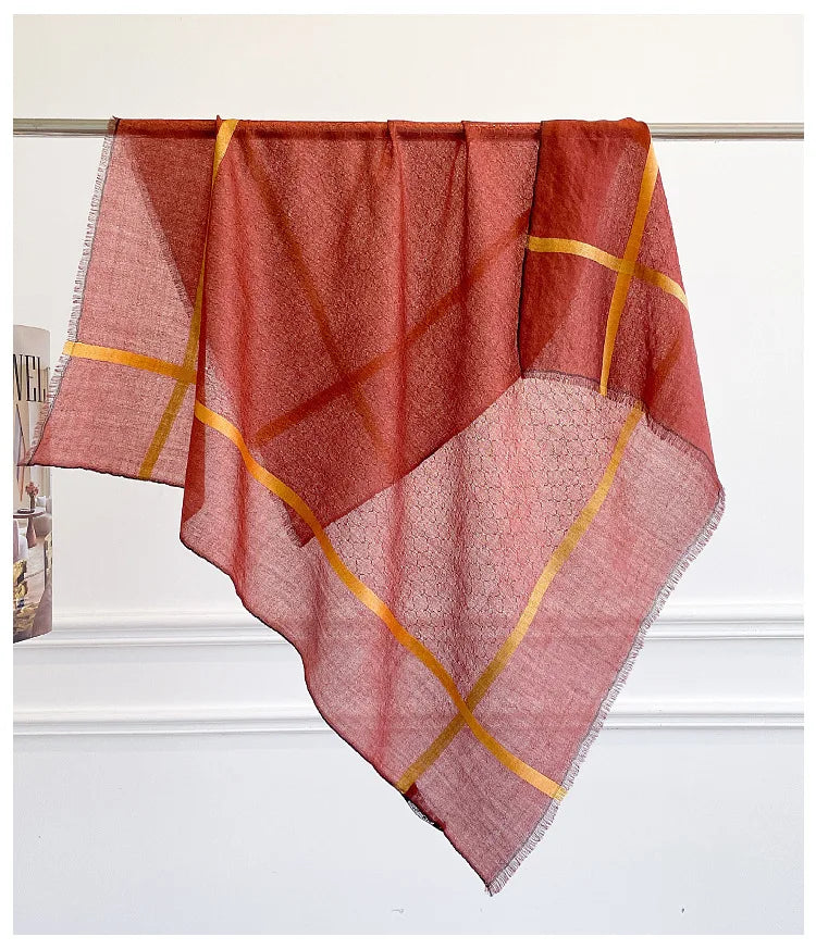 Cashmere Square Scarf | Geometric Grid Pattern, Double-Sided | 65x65cm