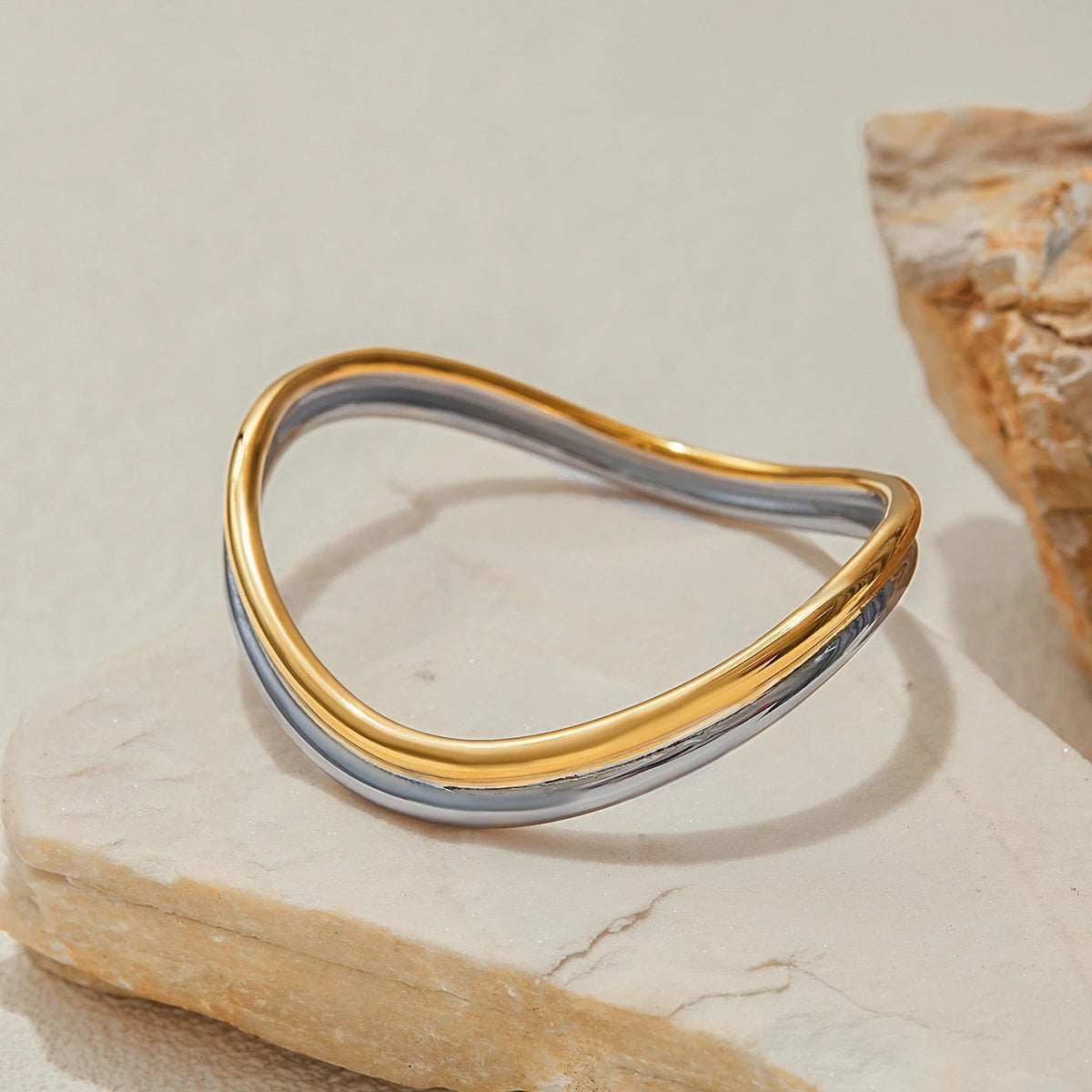 Two-Tone Wave Bangle Bracelet | 18K Gold & Silver Stainless Steel Minimalist Jewelry