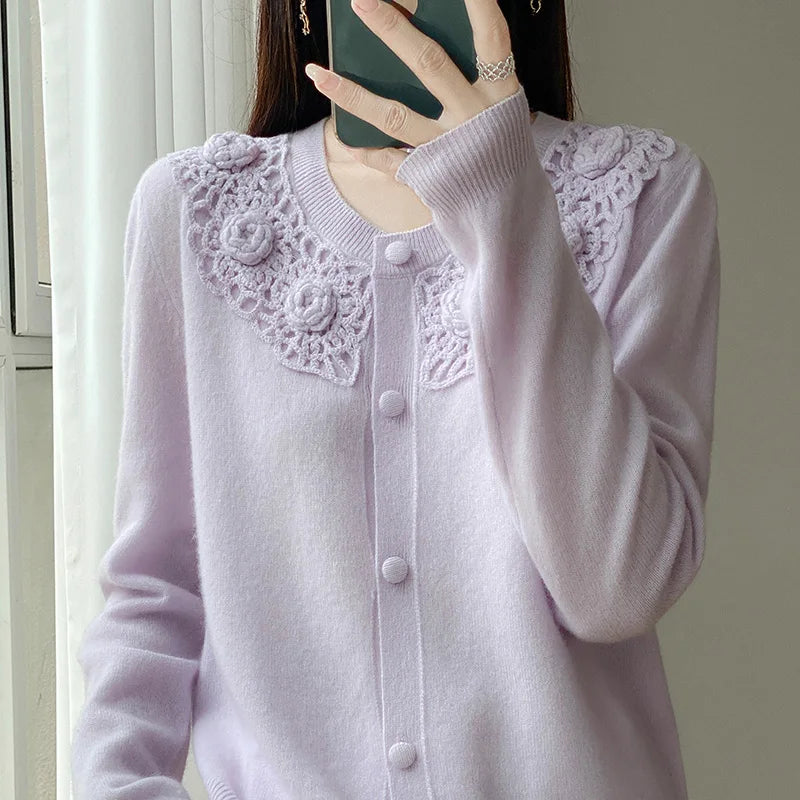 Crochet Floral Collar Cardigan | Button-Down Knit | 6 Colors, Sizes S–XXL