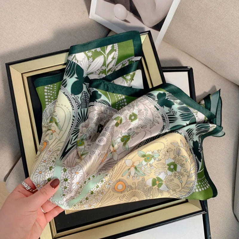 Green Botanical Print Silk Square Scarf | 68x68cm