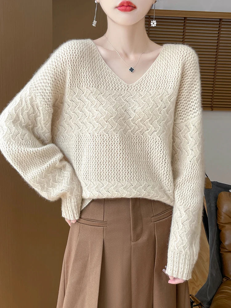 Wool V-Neck Pullover Sweater | Hollow Jacquard Knit | 8 Colors, Sizes M–XL
