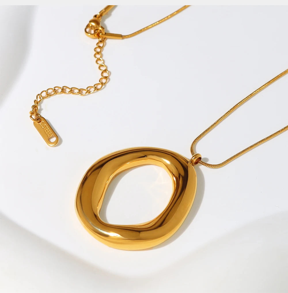 Chunky Irregular Open Oval Pendant Necklace | 18K Gold Plated Snake Chain Statement Jewelry