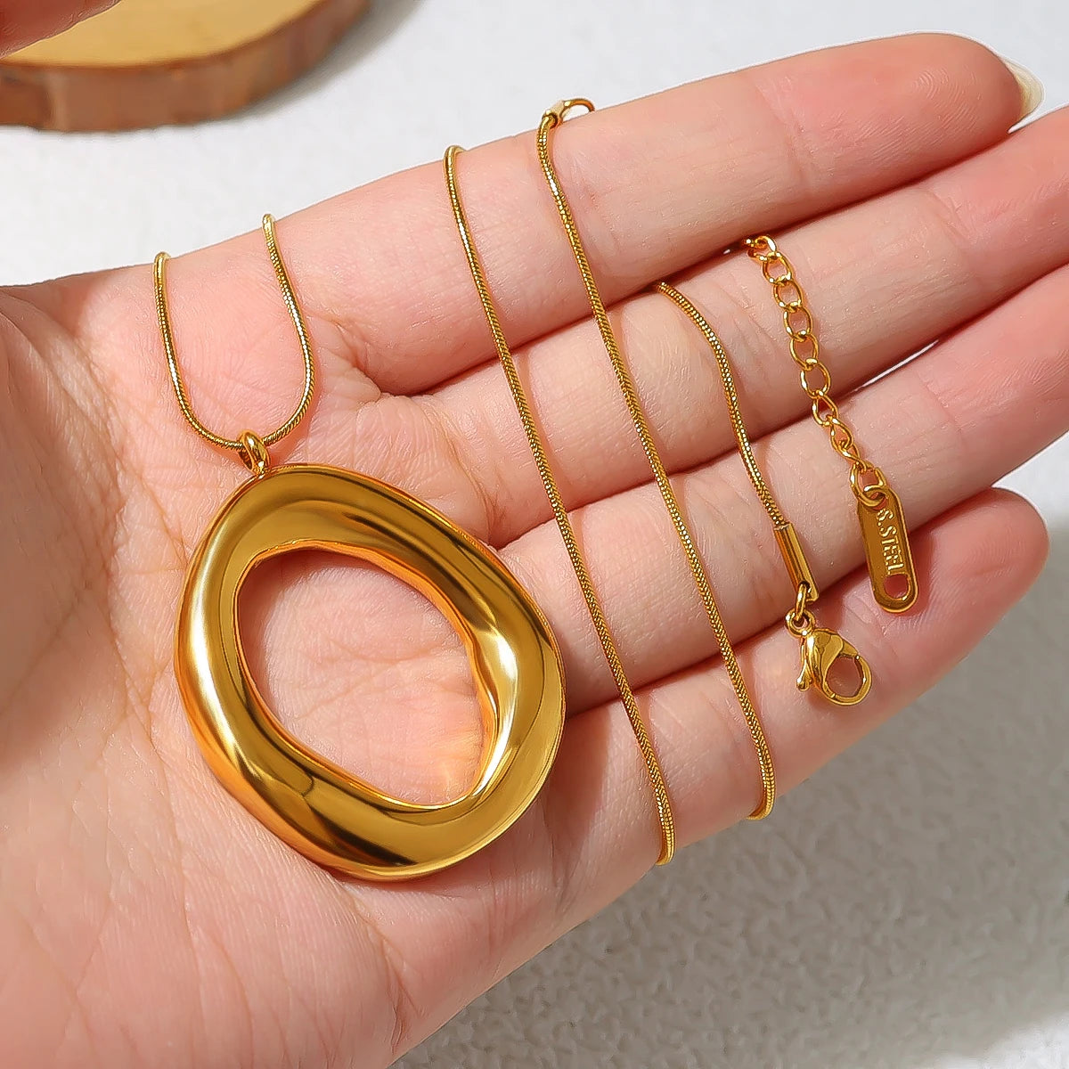Chunky Irregular Open Oval Pendant Necklace | 18K Gold Plated Snake Chain Statement Jewelry