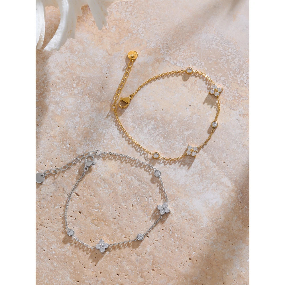 Delicate Cubic Zirconia Flower Stainless Steel Thin Link Bracelet | The PM Edit