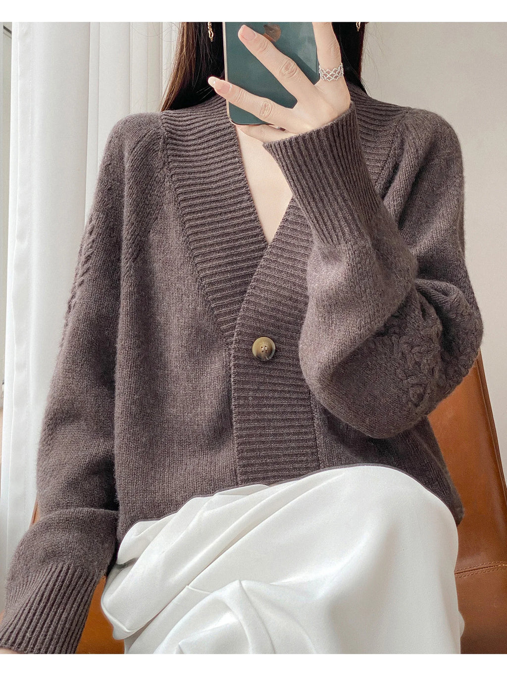 Wool V-Neck Cardigan | Cable Sleeve Detail, Oversized Fit | Women's