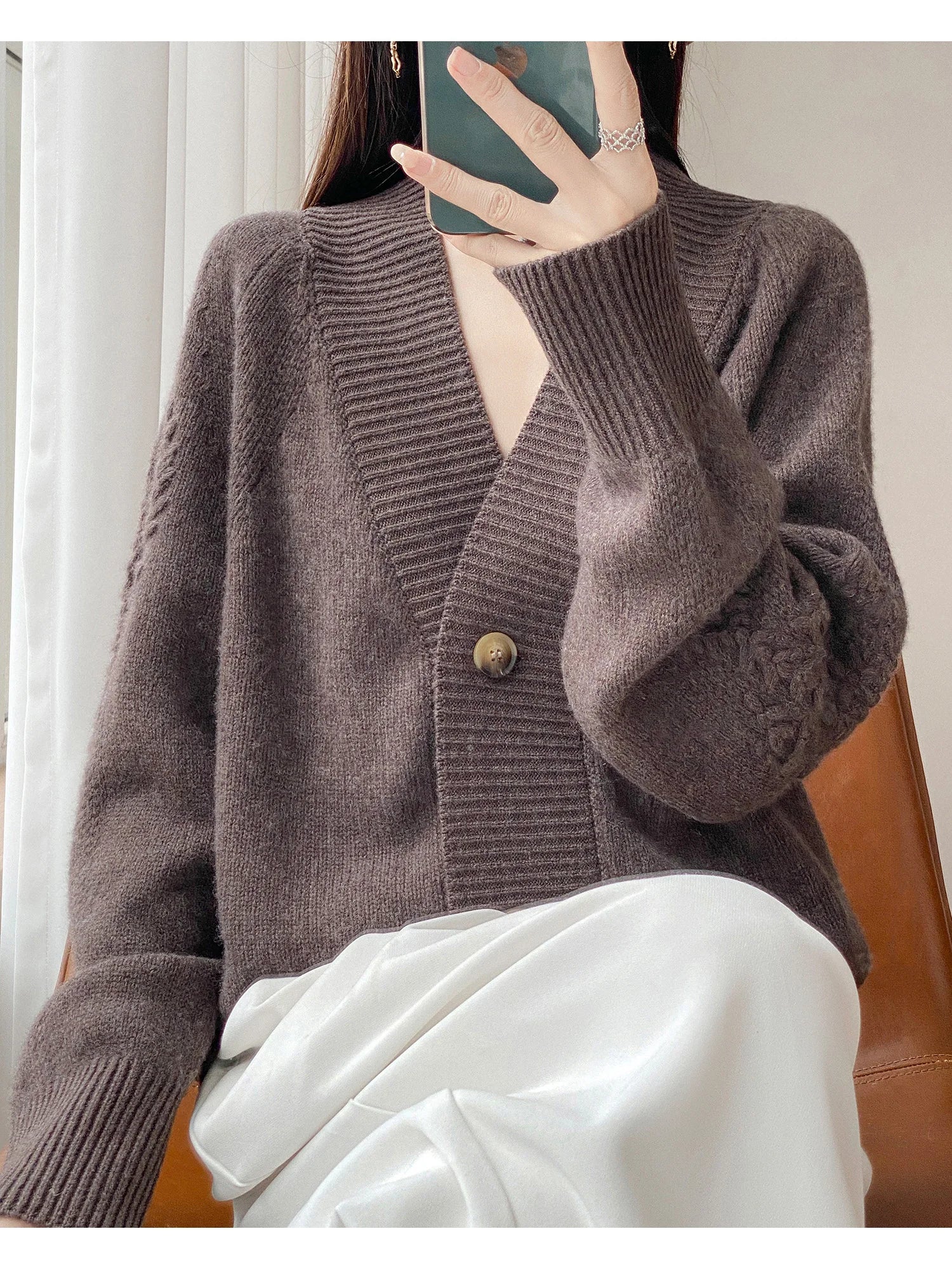 Wool V-Neck Cardigan | Cable Sleeve Detail, Oversized Fit | Women's