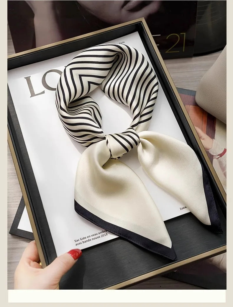 Women's Satin Silk Square Scarf | Black & White Geometric Print | 68x68cm