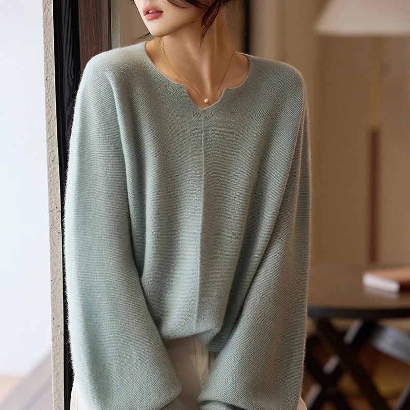 Women's Oversized Pure Wool Pullover Sweater | Notch Neck | Balloon Sleeves | 6 Colors