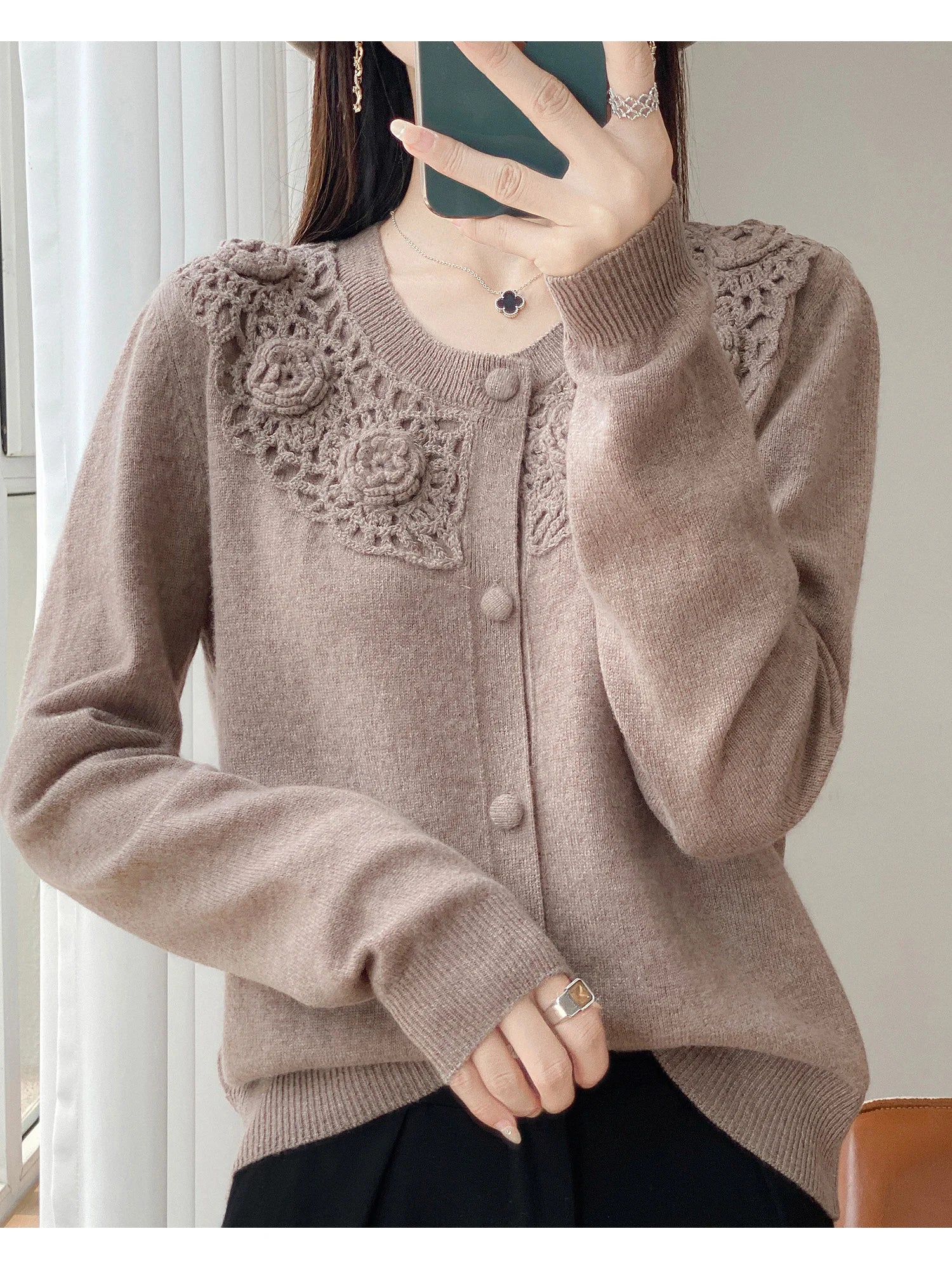 Crochet Floral Collar Cardigan | Button-Down Knit | 6 Colors, Sizes S–XXL