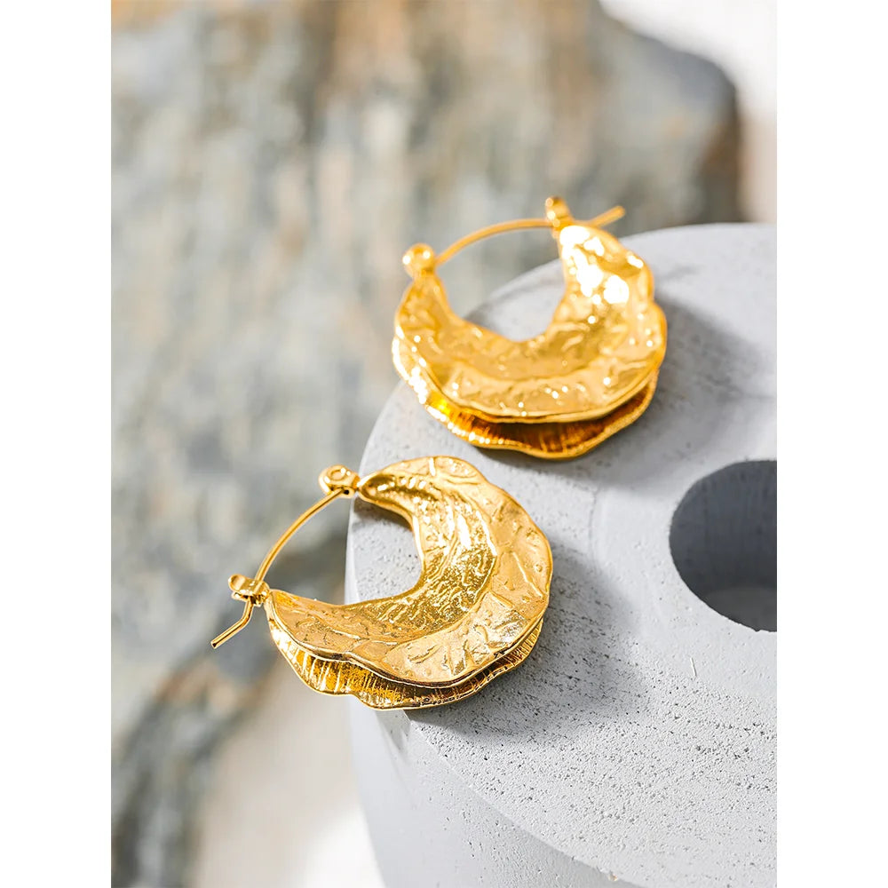 PVD Gold-Plated Stainless Steel Textured Crescent Hoop Earrings