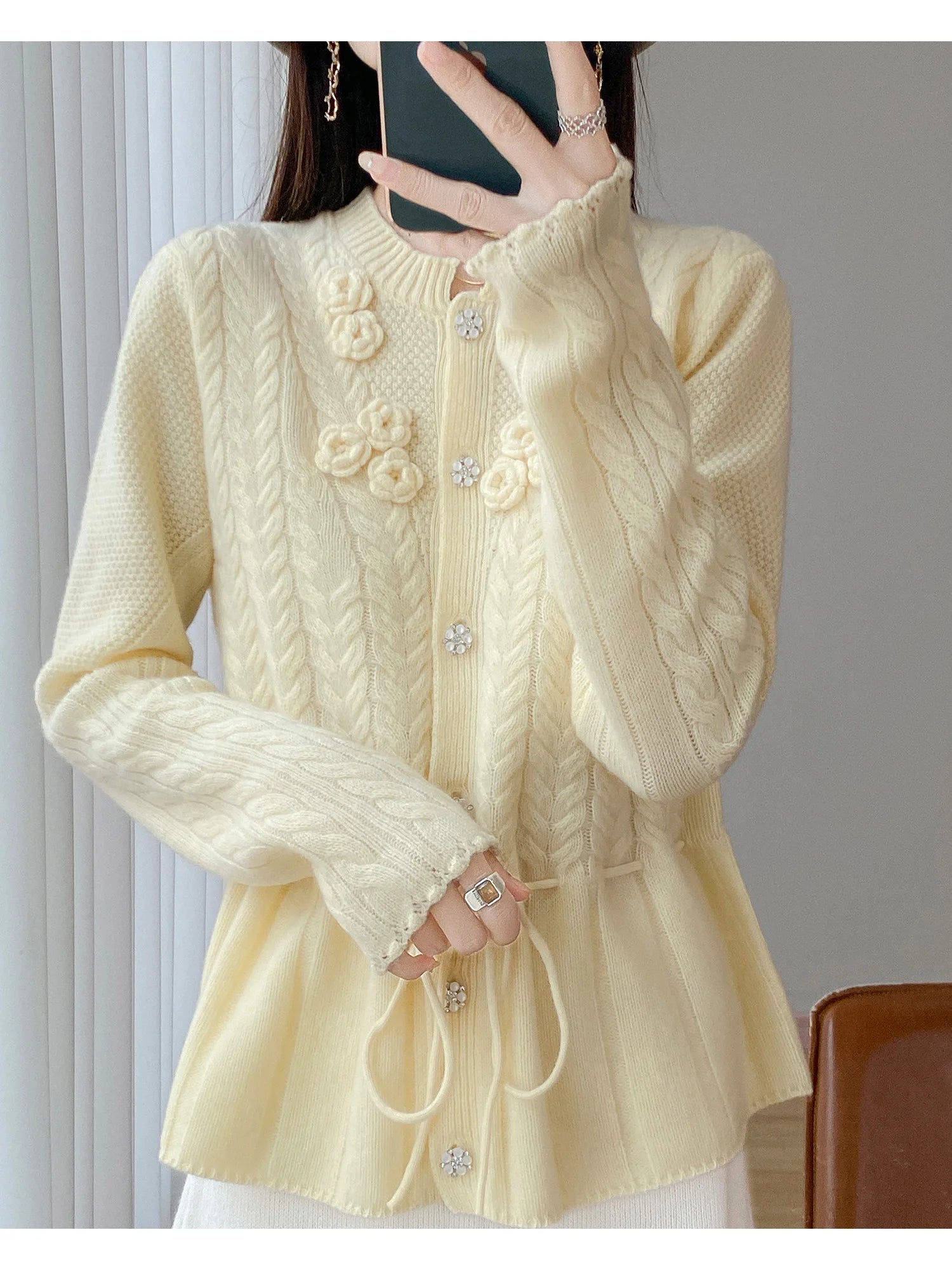 Floral Appliqué Cable-Knit Cardigan | Rhinestone Buttons, Drawstring Waist | 5 Colors, Sizes M–XXL