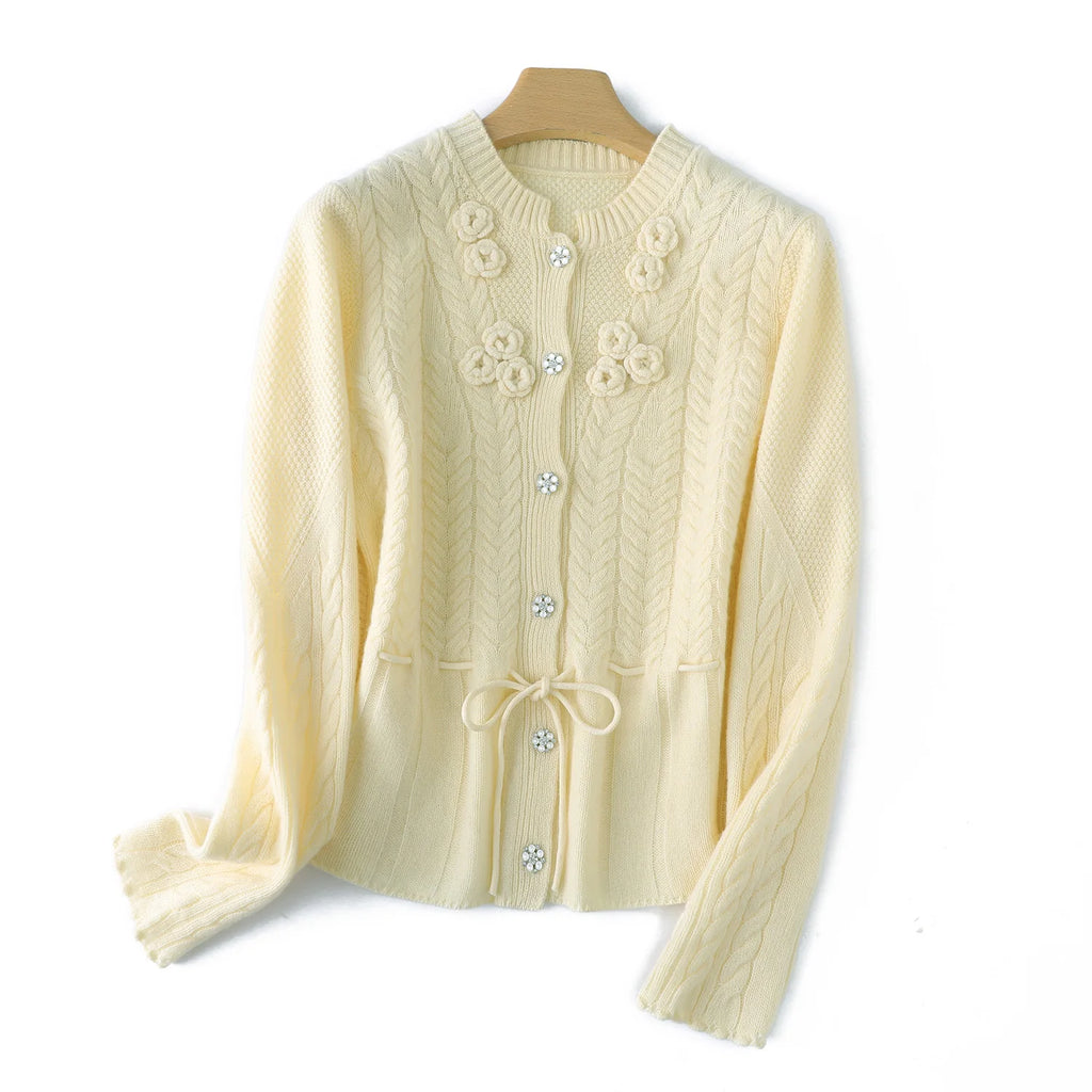 Floral Appliqué Cable-Knit Cardigan | Rhinestone Buttons, Drawstring Waist | 5 Colors, Sizes M–XXL