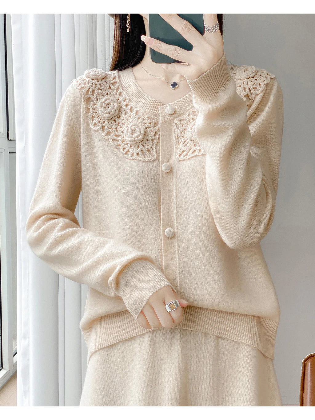 Crochet Floral Collar Cardigan | Button-Down Knit | 6 Colors, Sizes S–XXL