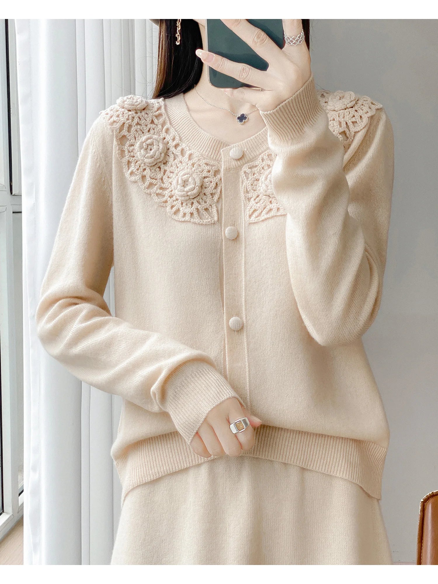 Crochet Floral Collar Cardigan | Button-Down Knit | 6 Colors, Sizes S–XXL
