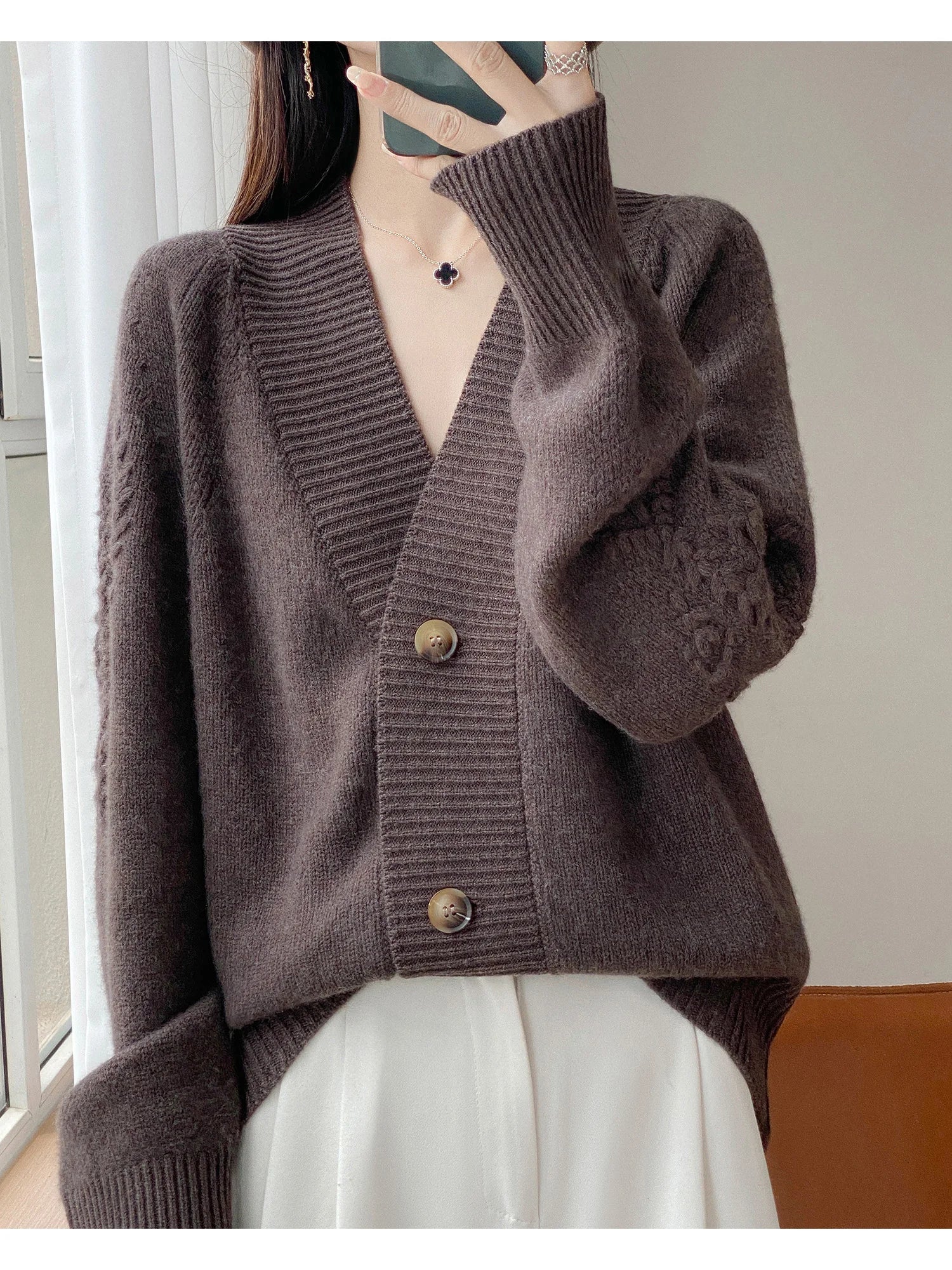 Wool V-Neck Cardigan | Cable Sleeve Detail, Oversized Fit | Women's