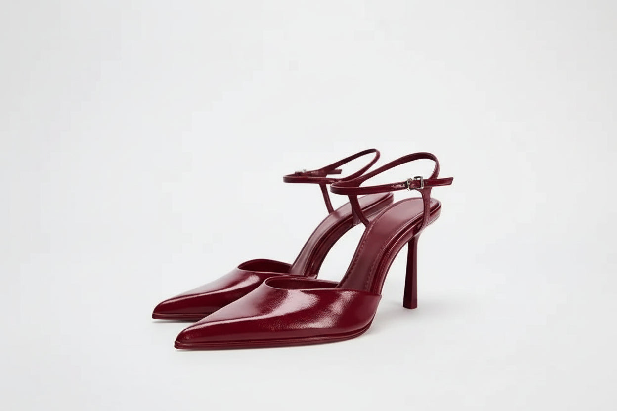 Patent Leather Pointed-Toe Slingback Pumps | Buckle Ankle Strap Stiletto Heels