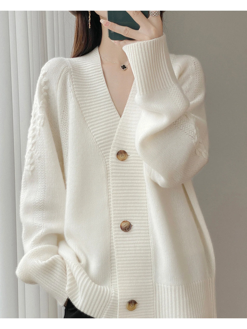 Wool V-Neck Cardigan | Cable Sleeve Detail, Oversized Fit | Women's