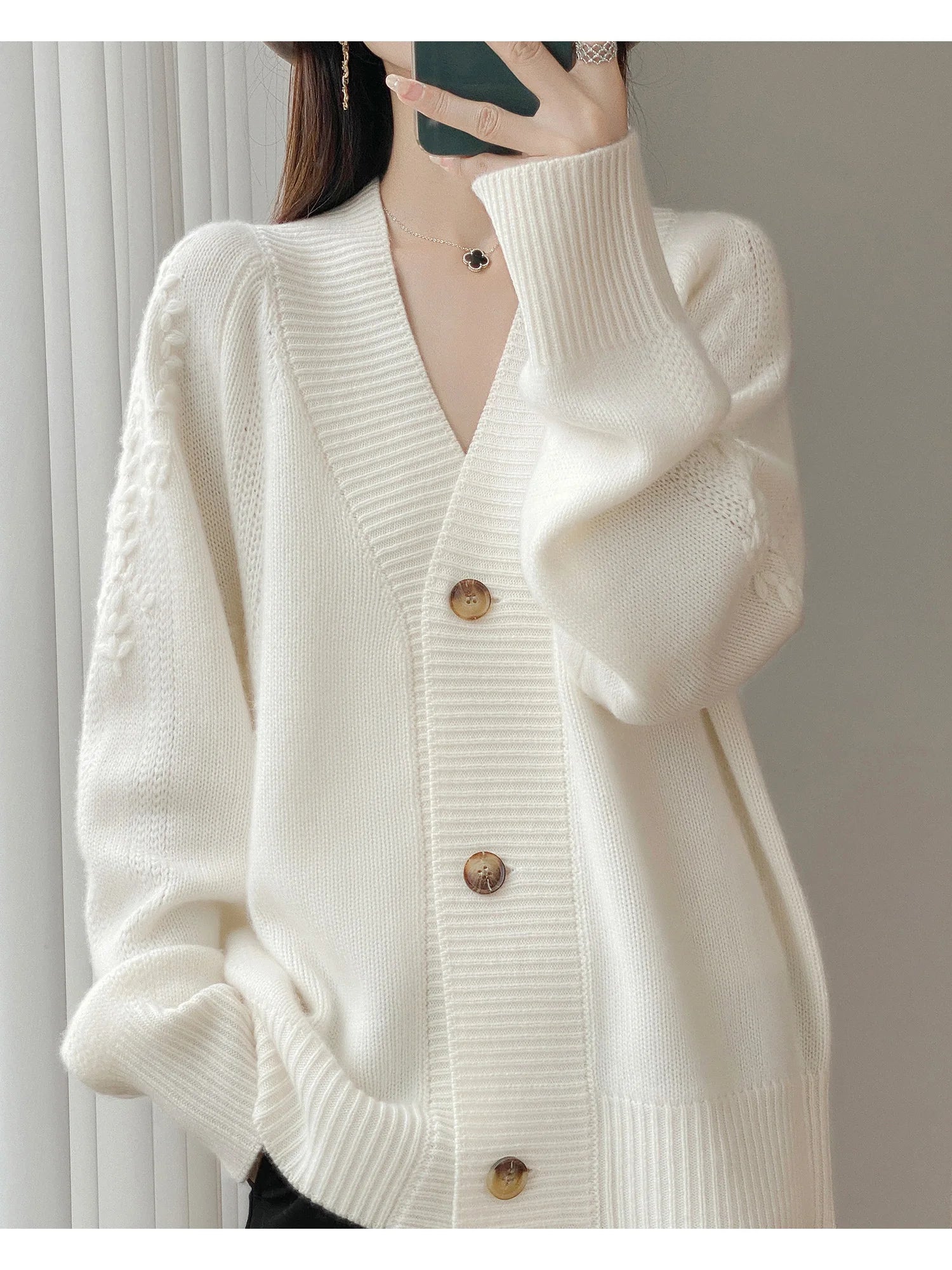 Wool V-Neck Cardigan | Cable Sleeve Detail, Oversized Fit | Women's