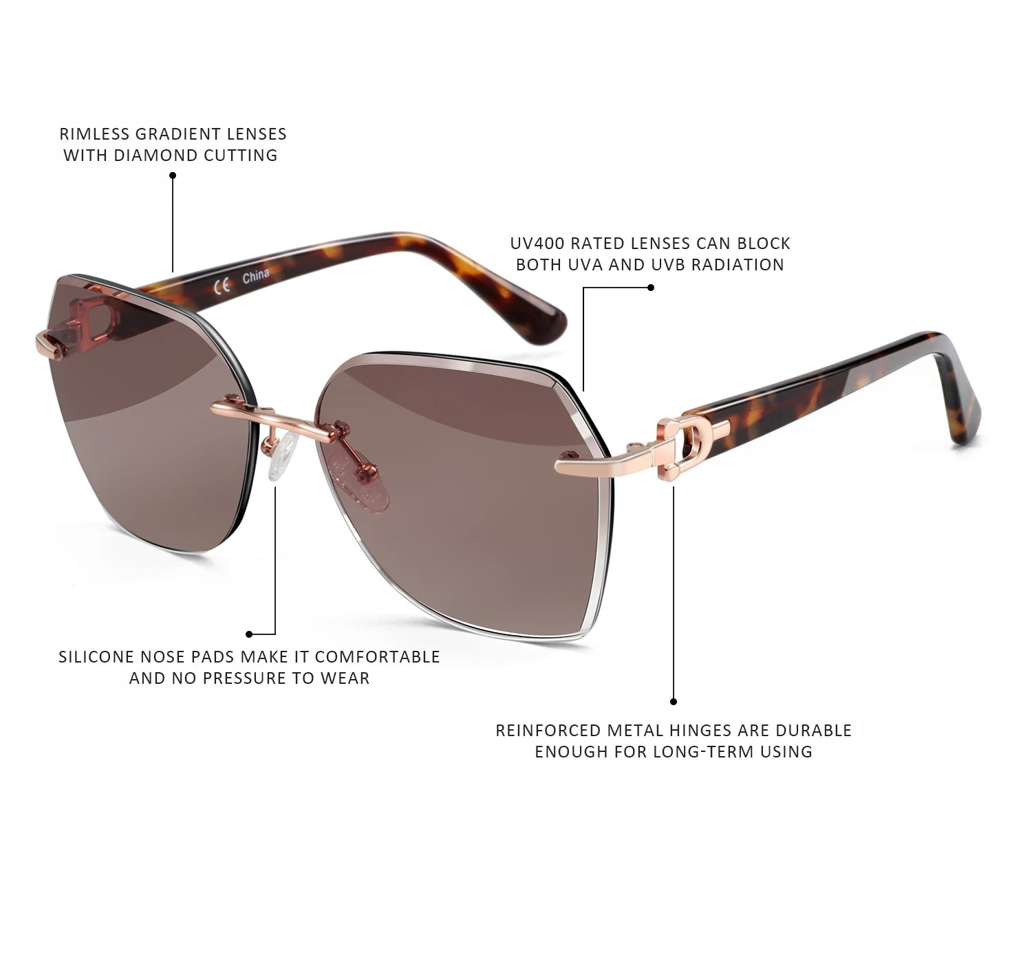 Rimless Oversized Butterfly Sunglasses | UV400 | Diamond-Cut Lenses