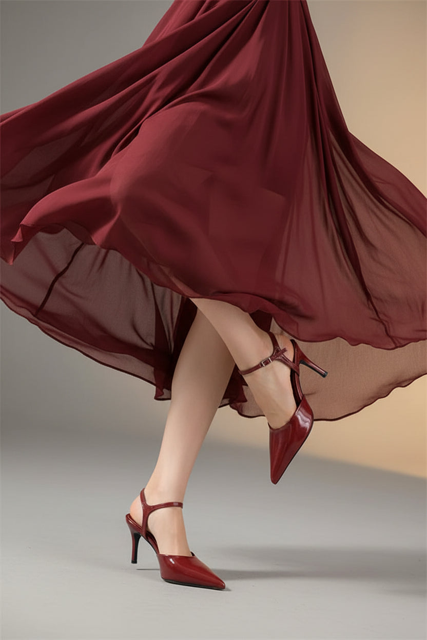 Patent Leather Pointed-Toe Slingback Pumps | Buckle Ankle Strap Stiletto Heels