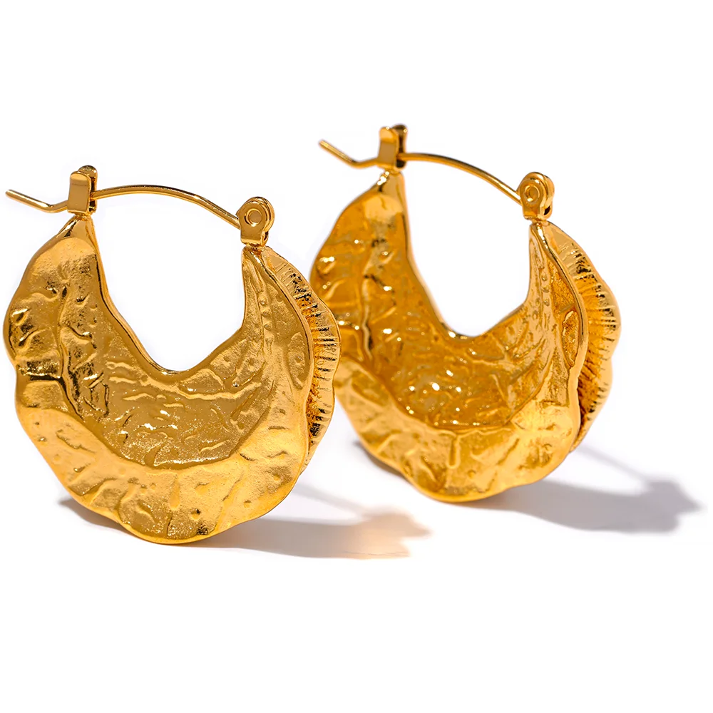 PVD Gold-Plated Stainless Steel Textured Crescent Hoop Earrings