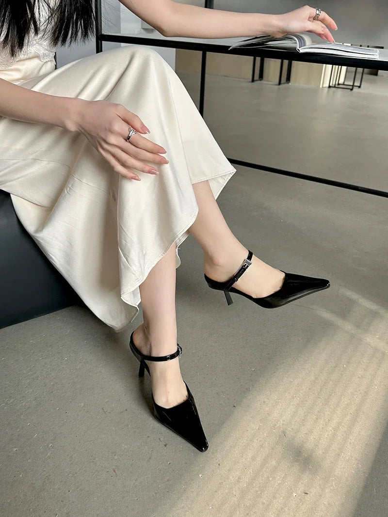 Pointed-Toe Strappy Slip-On Heels
