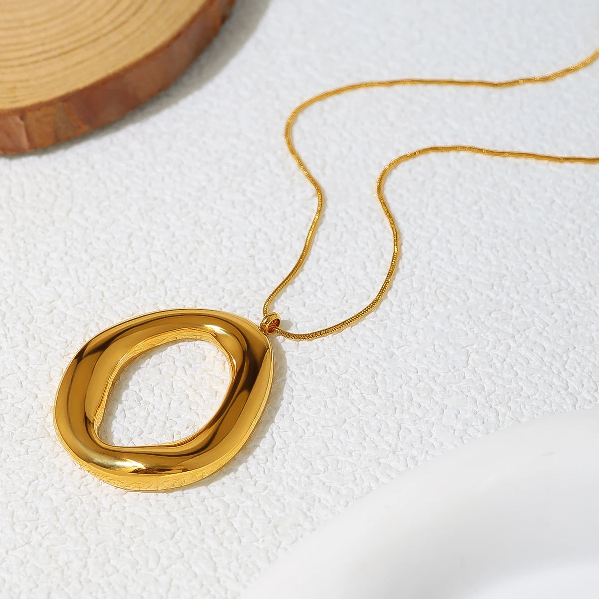 Chunky Irregular Open Oval Pendant Necklace | 18K Gold Plated Snake Chain Statement Jewelry