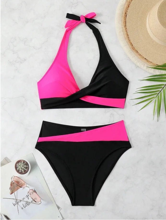Crossover Wrap Halter Bikini Set | Color - Block High Waist Two - Piece - The PM Edit