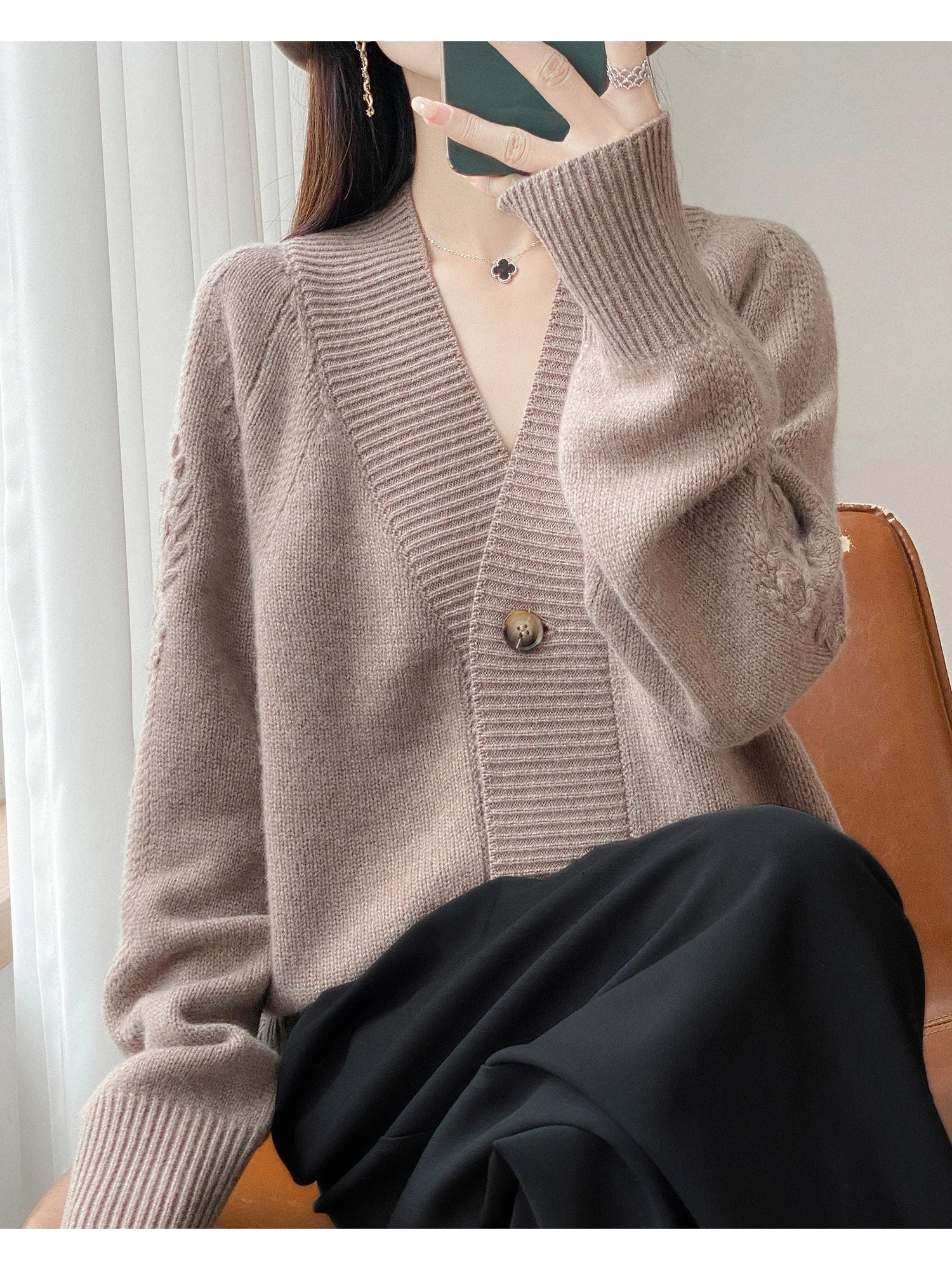 Wool V-Neck Cardigan | Cable Sleeve Detail, Oversized Fit | Women's