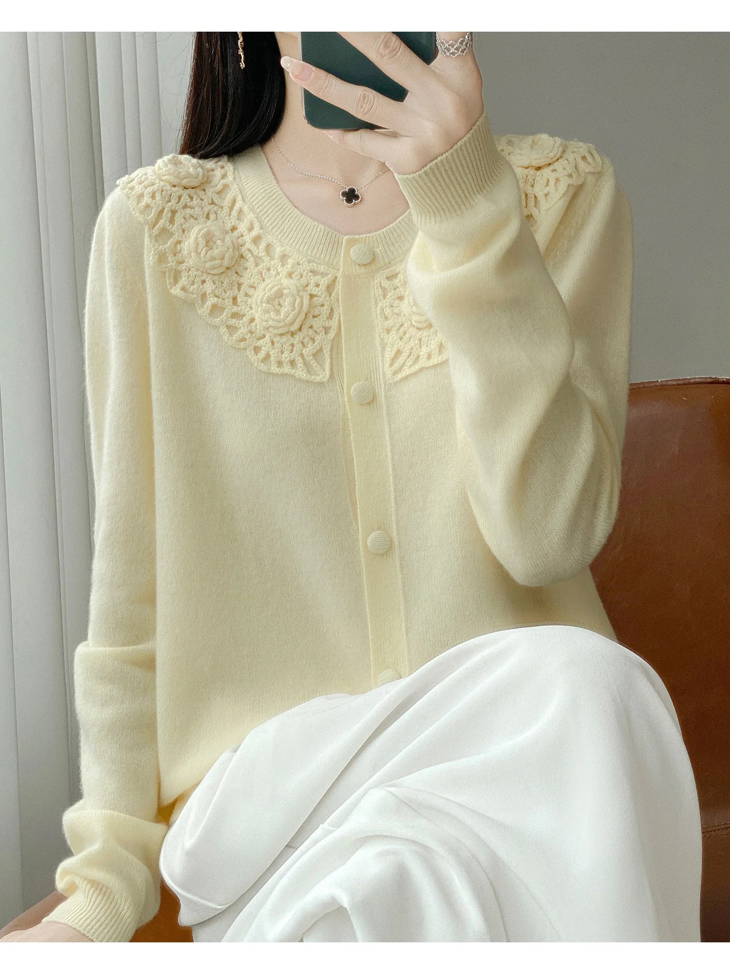 Crochet Floral Collar Cardigan | Button-Down Knit | 6 Colors, Sizes S–XXL