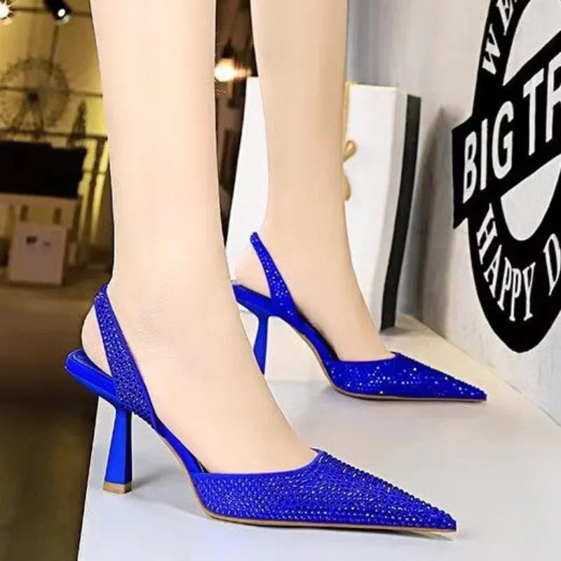 Crystal Rhinestone Slingback Pumps – Pointed Toe High Heels | Black, Gold & Blue
