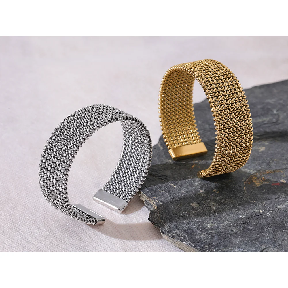 23mm Stainless Steel Geometric Open Cuff Bracelet | Gold & Platinum