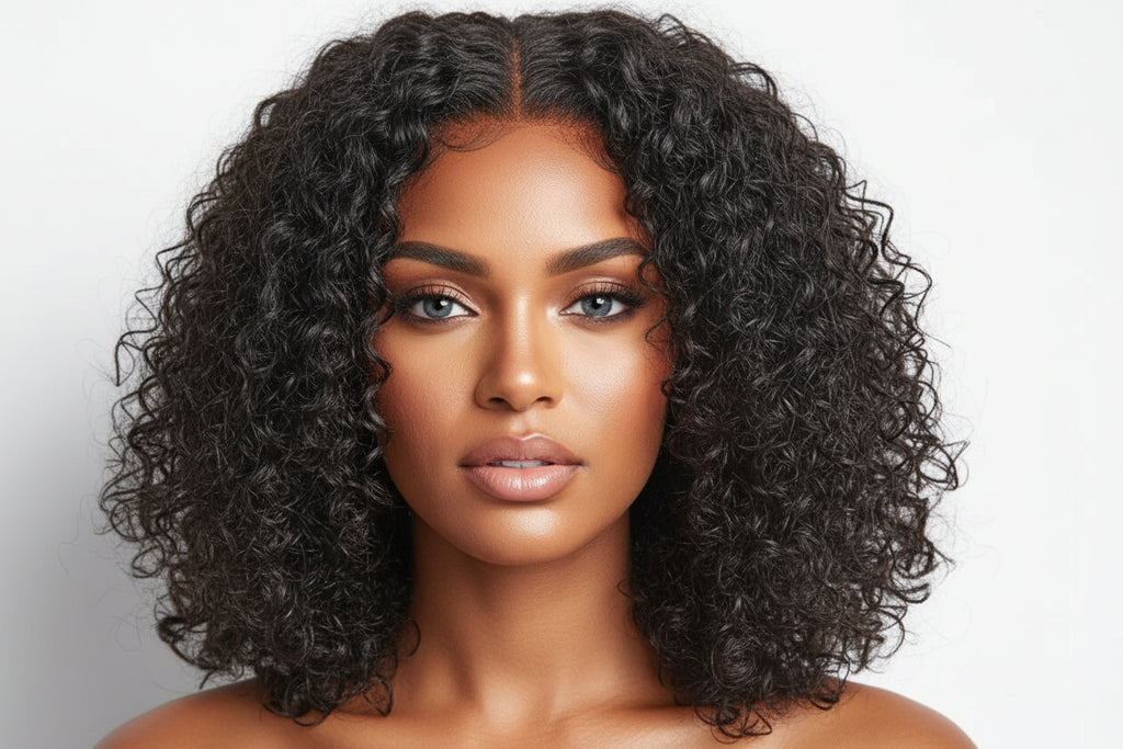 Mannequin head with a black curly wig on a white background