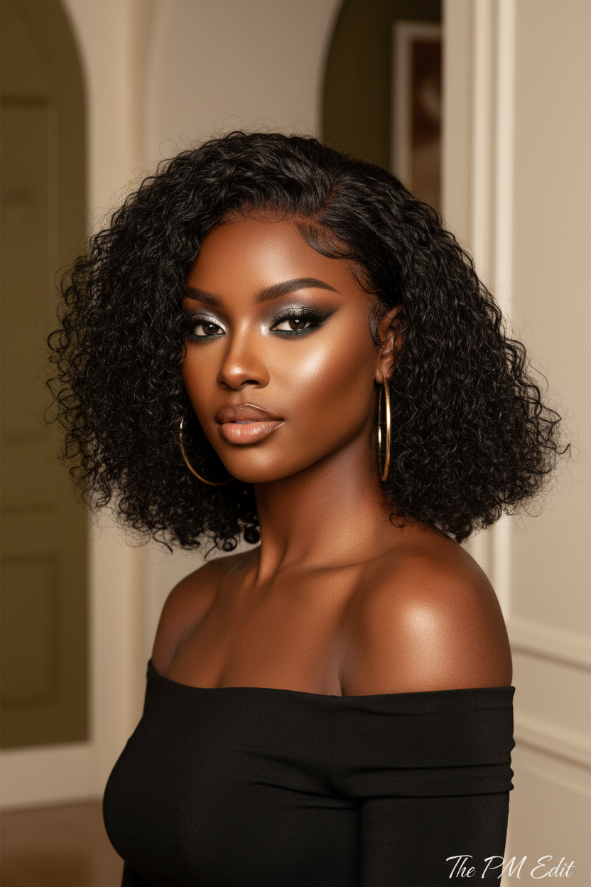 Short water wave glueless human hair closure wig with defined curls in natural black 1B by The PM Edit.