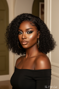 Short water wave glueless human hair closure wig with defined curls in natural black 1B by The PM Edit.