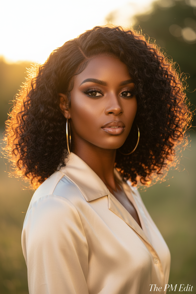 Short water wave glueless human hair closure wig with defined curls in natural black 1B by The PM Edit.. Woman with curly hair wearing a beige outfit against a blurred natural background