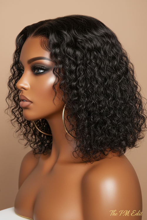 Short water wave glueless human hair closure wig with defined curls in natural black 1B by The PM Edit.. Woman with styled hair against a beige background