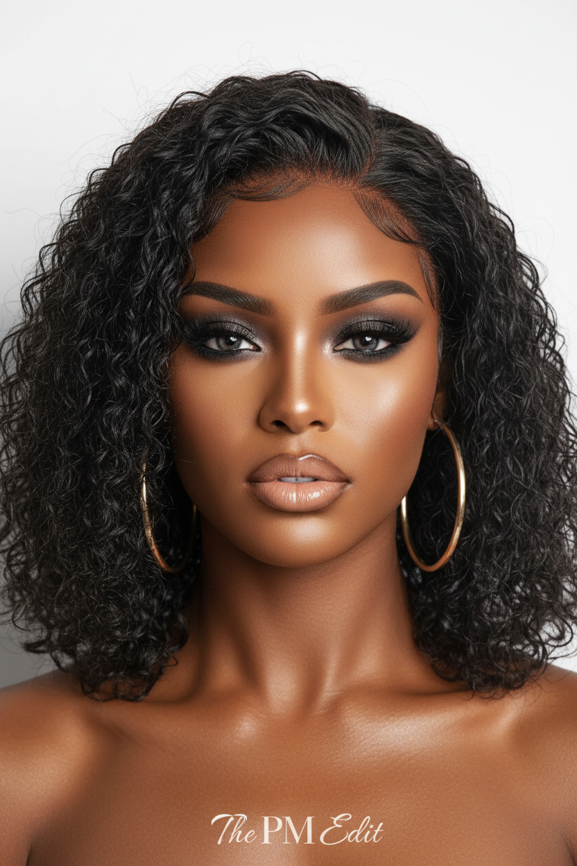 Woman with styled hair wearing gold hoop earrings on a white background
