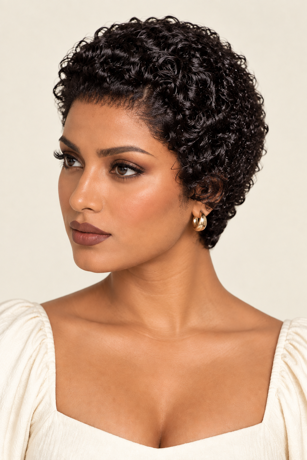 A woman with a short, curly black wig wearing a cream puff-sleeve top and gold hoop earrings, shown against a plain beige background.