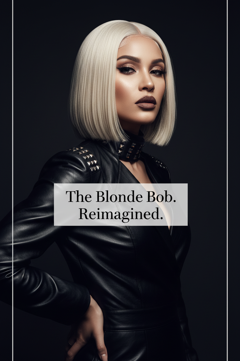 Person with a blonde bob hairstyle wearing a black outfit on a dark background with text 'The Blonde Bob. Reimagined.'