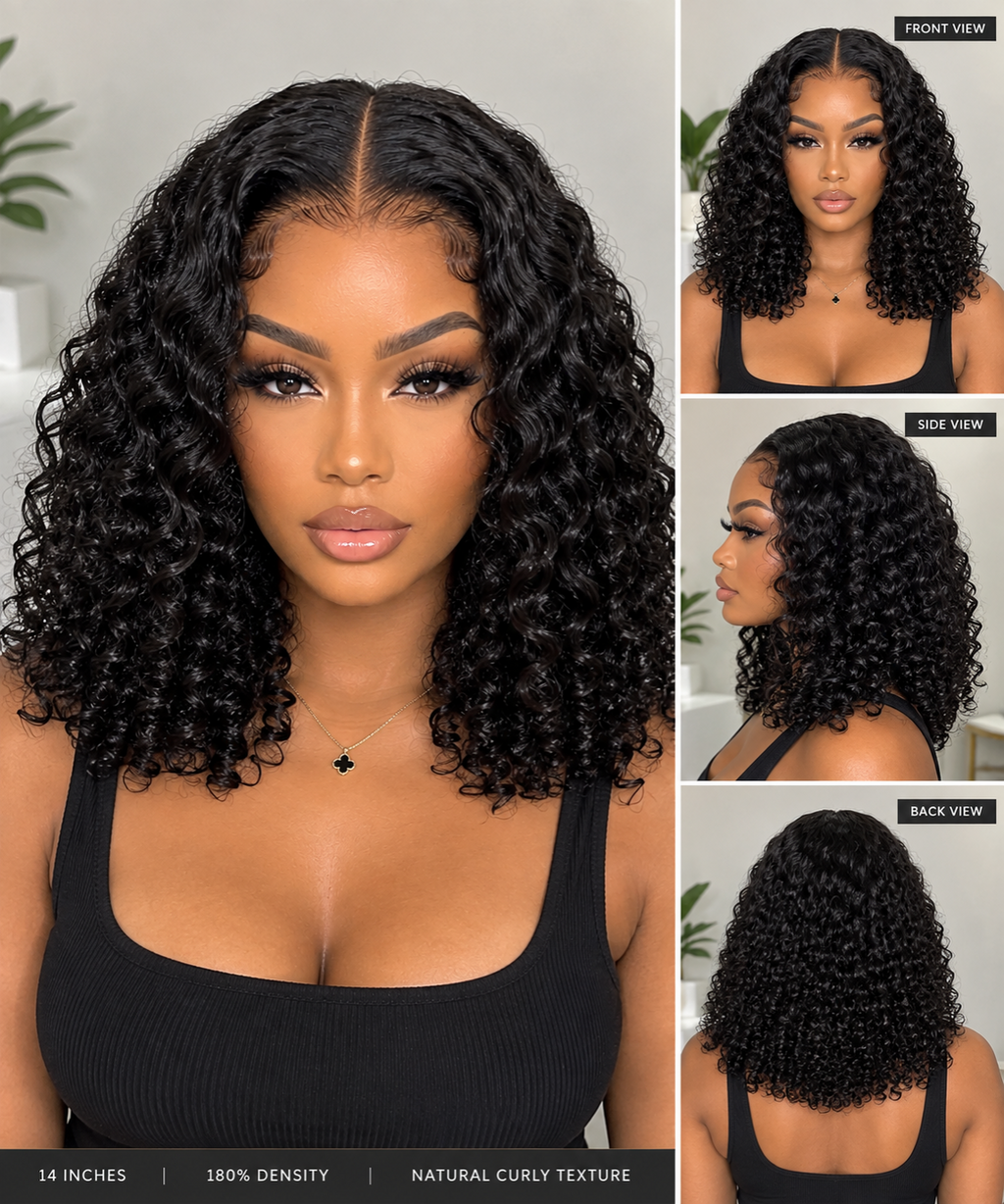 A woman modeling a black curly wig with a center part, shown in front, side, and back views on a light indoor background. Text at the bottom reads 14 INCHES | 180% DENSITY | NATURAL CURLY TEXTURE.